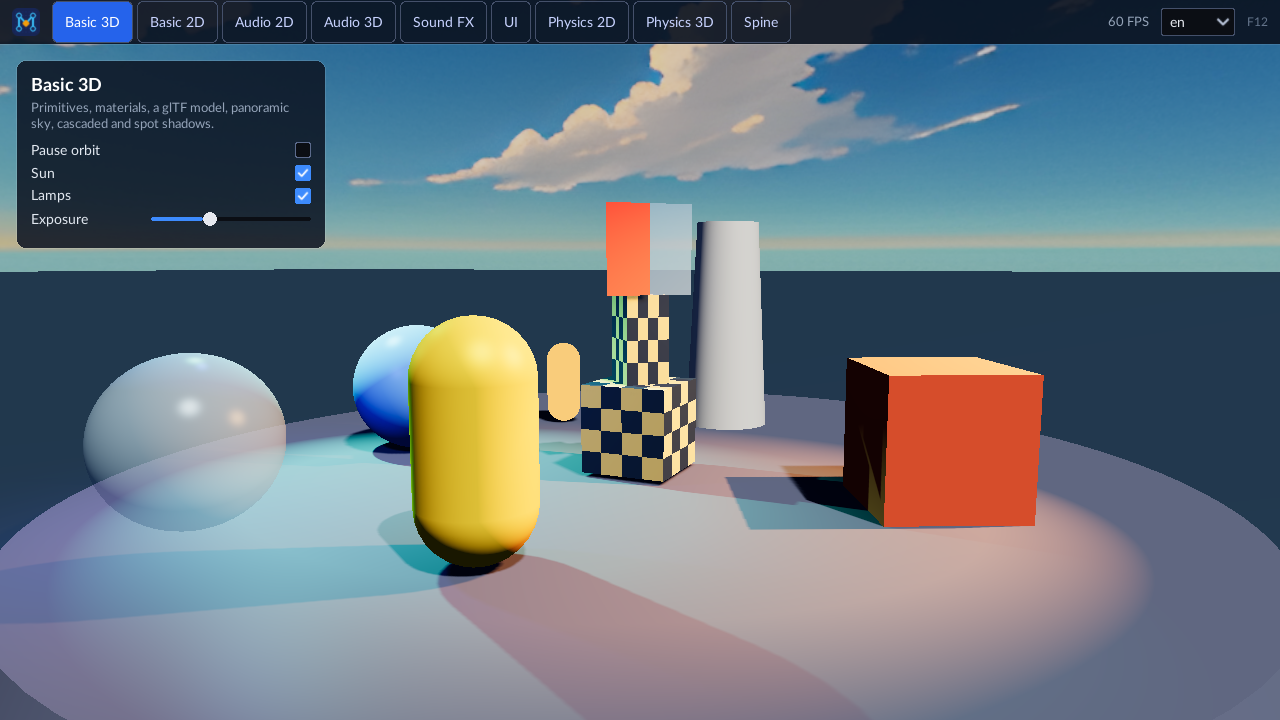 Basic 3D: Primitives, glTF, sky, cascaded and spot shadows