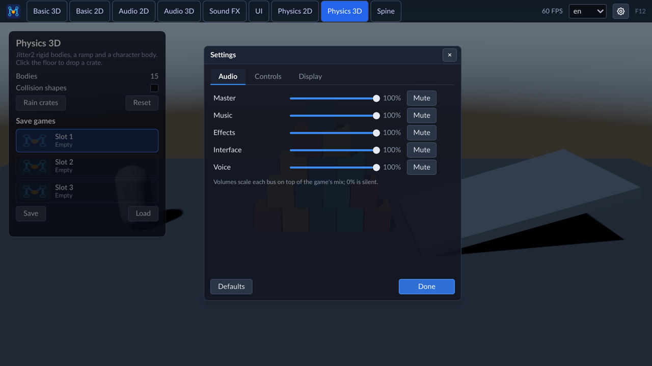 Settings: Volumes, rebinding, display