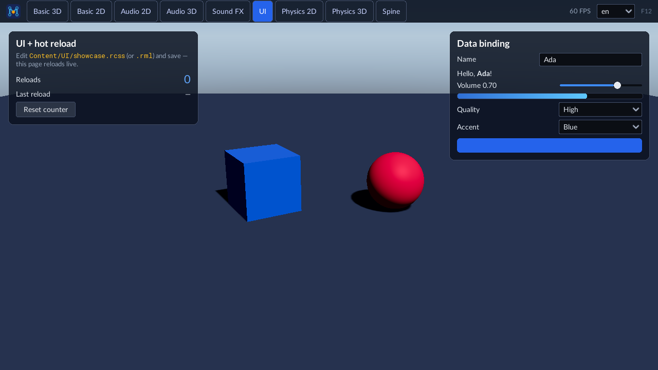 UI: RmlUi widgets, data binding, hot reload