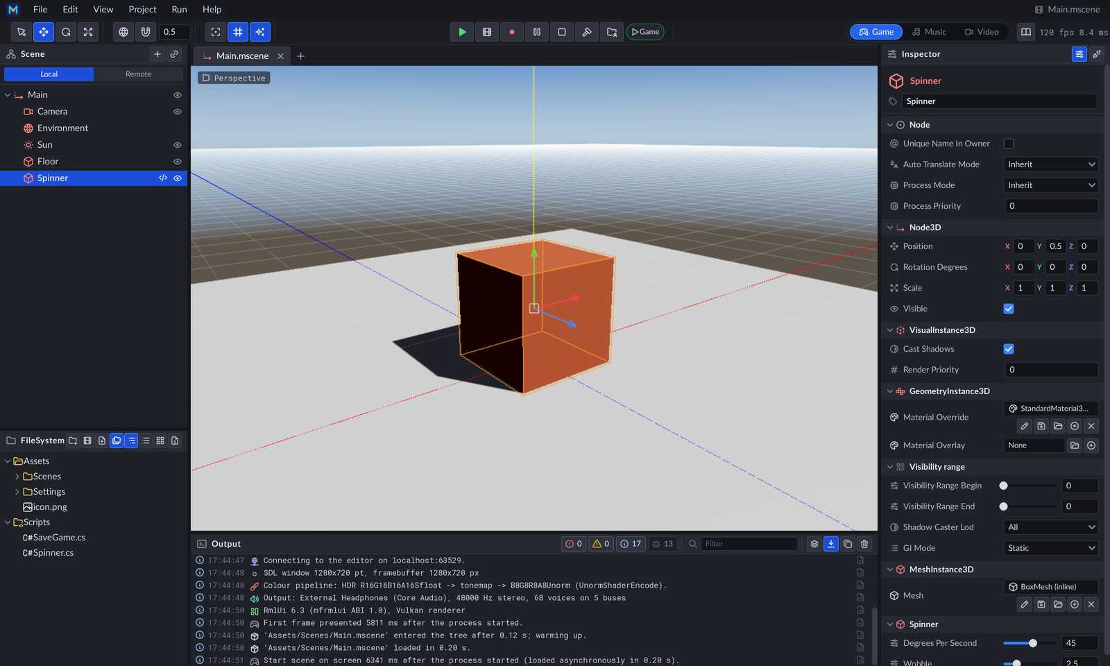 A new game project in the editor after a code reload: the Spinner's new Wobble property in the inspector