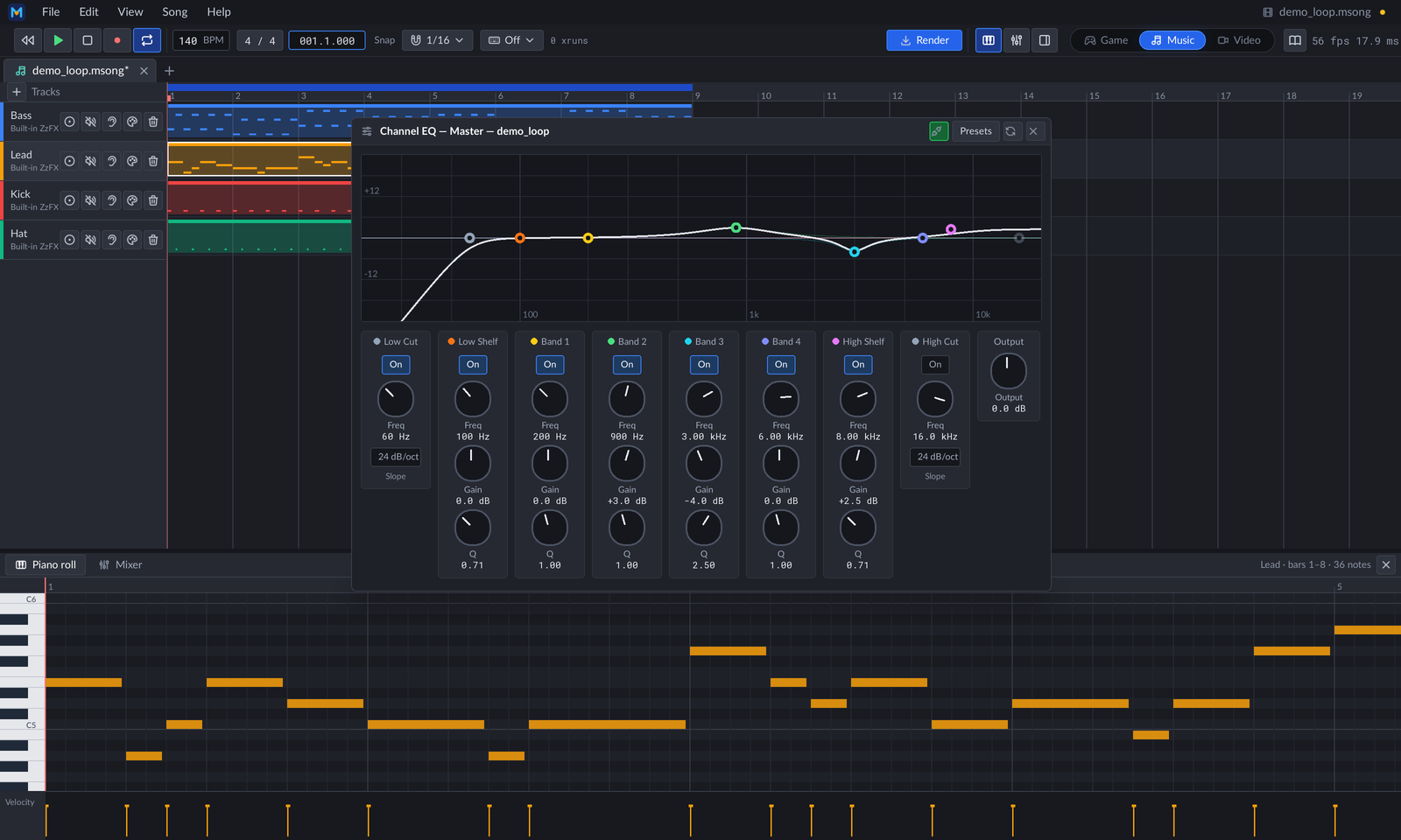 The Channel EQ's plugin window on the Demo song's master: the curve with its band handles and a column of knobs per band