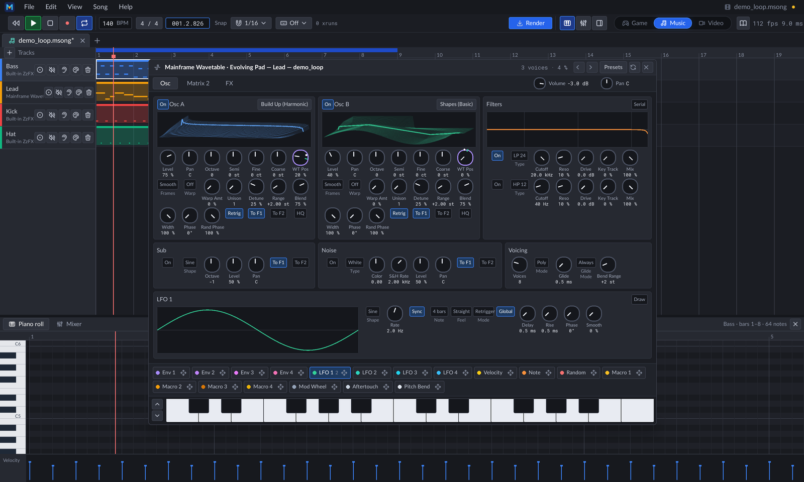 The Mainframe Wavetable window on the Demo song's Lead track playing the Evolving Pad preset: two stacked wavetables, the filter curve, sub, noise and voicing, LFO 1's editor, the modulation strip and a keyboard