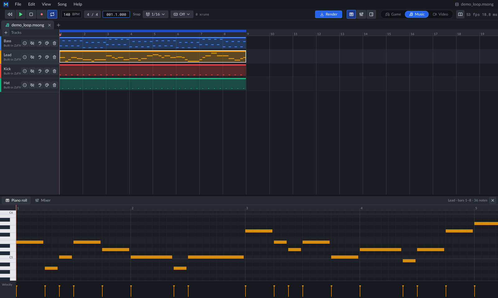 Music mode on the Demo's song: the transport in the toolbar, four ZzFX tracks in the arrangement and the Lead clip in the piano roll