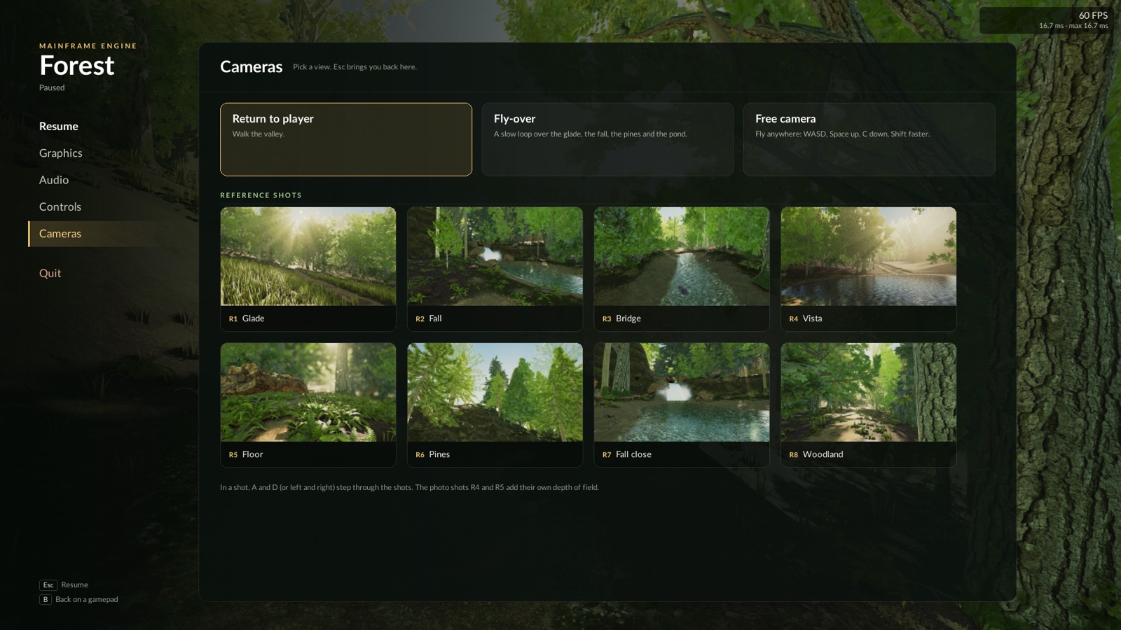 The pause menu's Cameras page